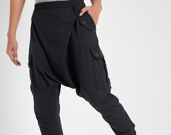 NO.315 Men’s Cross Front Drop Crotch Pants, Button Flap Pants, Harem Trouser with Pockets, Unisex Urban Joggers in Black