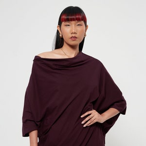 NO.63 Women&#39;s Cowl Neck Short Sleeve Top, Minimalist Clothing, Loose Asymmetrical Shirt in Plum