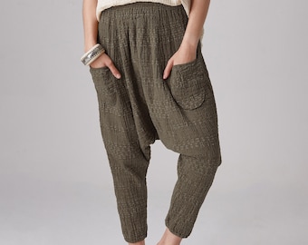 NO.289 Women's Geometric Stitched Pattern Woven Harem Pants, Boho Drop Crotch Pants, Natural Fiber Flexible Cotton Pants in Dark Olive