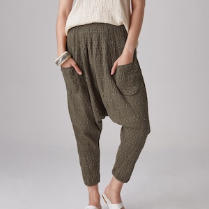 NO.289-1 Women&#39;s Geometric Stitched Pattern Woven Harem Pants, Boho Drop Crotch Pants, Natural Fiber Flexible Cotton Pants in Dark Olive