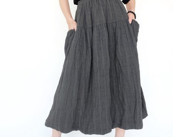 NO.261 Women's Striped Balloon Skirt, 100% Natural Cotton Skirt, Skirt with Pockets in Bluish Gray