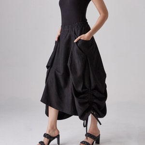 NO.299 Women's Exposed-Seam Detail Asymmetrical Skirt, Drawstring Detail Midi A-Line Skirt in Black