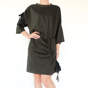NO.257 Women&#39;s Crew Neck Short Sleeve Ruched Circle Dress, T-Shirt Dress in Olive