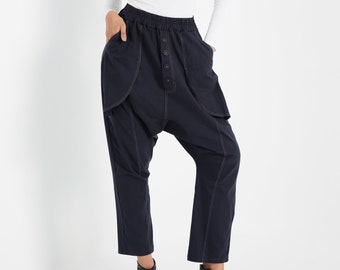 NEW---NO.307 Women’s Drop Crotch Harem Pants, Button Front Pants, Unisex Ankle & Cropped Pants, White Stitch Detailed Pants in Blue