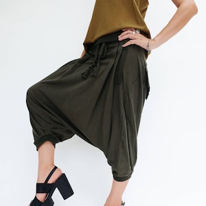 NO.184 Women's Pleated Front Drop Crotch Harem Pants, Low Crotch Trousers, Casual Harem Shorts in Olive
