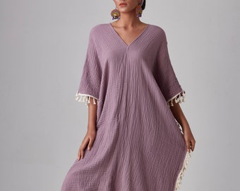 NO.287 Women's Fringe Trimmed Kaftan, Resort Dress, Boho Caftan Dress, Natural Fiber Flexible Cotton Kaftan in Lilac