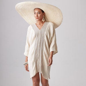 NO.238 Women's Three Quarter Sleeve Vertical Striped Detail V-Neck Kaftan, Cover Up Caftan, Natural Fiber Flexible Cotton Dress in Cream