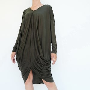 NO.259 Women&#39;s Long Sleeve Drape Front Dress, Loose Casual Dress in Olive