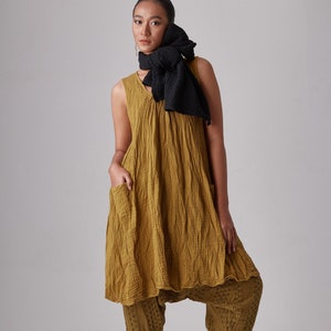 NO.19 Women's Sleeveless Pleated Front A-line Tunic Top, Natural Fiber Flexible Cotton Casual Loose Tunic Dress in Mustard Yellow