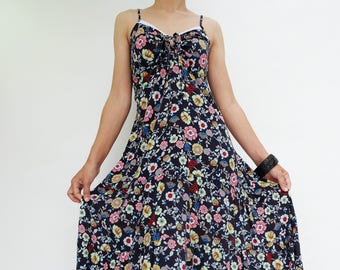NO.218 Women's Floral Print Spaghetti Strap Peasant Maxi Dress, Resort Dress, Long Dress Peasant Style in Blue