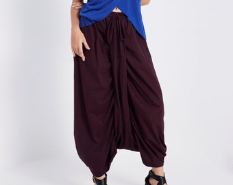 NO.309 Women’s Drawstring Waist Low Crotch Skirt/Pants, Loose Drop Crotch Harem Trouser, Comfy Leisure Skirt/Pants in Plum