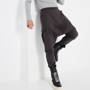 NEWNO.315 Mens Cross Front Drop Crotch Pants, Button Flap Pants, Harem Trouser with Pockets, Unisex Urban Joggers in Charcoal image 1