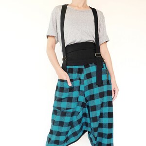 NO.254-1 Women's Plaid Suspender Harem Pants, Drop Crotch Joggers, Urban Fashion, Unisex Pants in Dark Turquoise