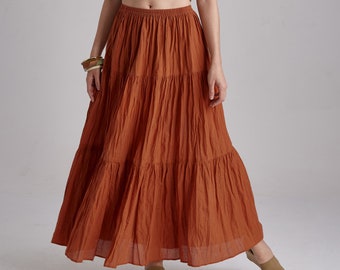 NO.5 Women's Hippie Gypsy Boho Tiered Peasant Long Maxi Skirt in Orange Ochre