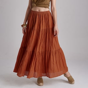 NO.5 Women's Hippie Gypsy Boho Tiered Peasant Long Maxi Skirt in Orange Ochre image 1