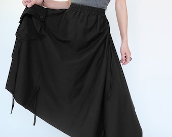 NO.252 Women's Extravagant Asymmetrical Skirt, Drawstring-Detail A-Line Skirt in Black