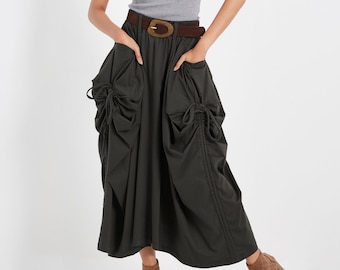 NO.123 Women&#39;s Large Patch Pocket Maxi Skirt, Long Maxi Skirt With Pockets, Comfy Casual Convertible Skirt in Charcoal