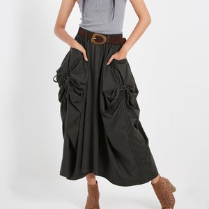 NO.123 Women&#39;s Large Patch Pocket Maxi Skirt, Long Maxi Skirt With Pockets, Comfy Casual Convertible Skirt in Charcoal