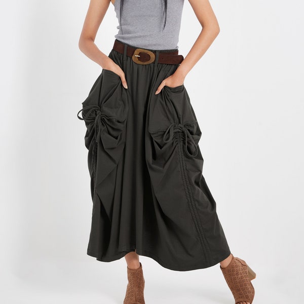 NO.123 Women's Large Patch Pocket Maxi Skirt, Long Maxi Skirt With Pockets, Comfy Casual Convertible Skirt in Charcoal