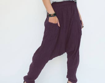 NO.162 Women's Patch Pocket Harem Pants, Boho Drop Crotch Trousers, Casual Yoga Pants, Natural Fiber Flexible Cotton Pants in Purple