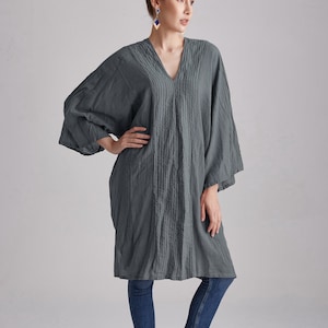 NO.288 Women&#39;s Vertical Striped Detail V-Neck Kaftan Dress, Cover Up Caftan in Bluish Gray
