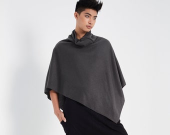 NO.319 Men’s Zip Detail Asymmetric Hem Poncho, Poncho with Zipper, Front Zip Poncho in Dark Gray