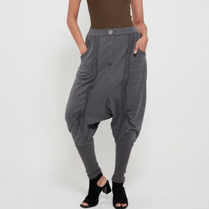 NO.154 Women&#39;s Casual Drop Crotch Harem Pants, Harem Jogger Pants, Low Crotch Trousers, Unisex Pants in Mottled Gray