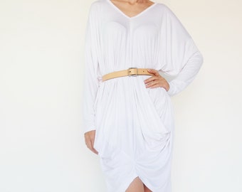 NO.259 Women's Long Sleeve Drape Front Dress, Loose Casual Dress in White