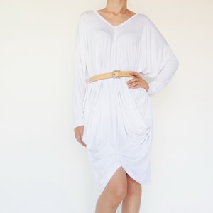 NO.259 Women&#39;s Long Sleeve Drape Front Dress, Loose Casual Dress in White