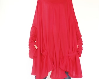 NO.248 Women’s Scoop Neck Long Sleeve Pleated Front Asymmetric Top in Red