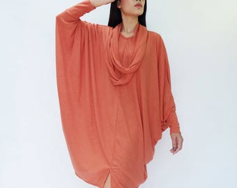 NO.57 Women's Batwing Sleeve With Scarf Dress, Batwing Long Sleeve Dress in Orange
