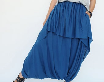 NO.86 Women’s Low Drop Crotch Asymmetrical Harem Pants, Loose Casual Harem Trousers in Blue