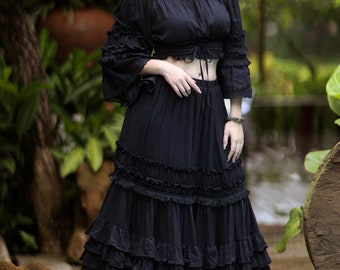 NEW---NO.323 Women's Two Piece Set, Bell Sleeves Crop Top, Tiered Lace Insert Maxi Skirt, Boho Blouse with Long Maxi Skirt Set
