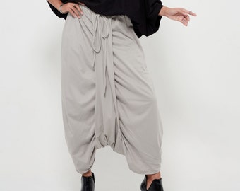 NO.309 Women’s Drawstring Waist Low Crotch Skirt/Pants, Loose Drop Crotch Harem Trouser, Comfy Leisure Skirt/Pants in Gray