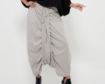 NO.309 Women’s Drawstring Waist Low Crotch Skirt/Pants, Loose Drop Crotch Harem Trouser, Comfy Leisure Skirt/Pants in Gray