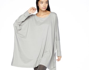 NO.62 Women's Scoop Neck Long Sleeve Tunic Top, Boxy Tunic, Loose Fit Tshirt in Gray