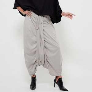 NO.309 Women’s Drawstring Waist Low Crotch Skirt/Pants, Loose Drop Crotch Harem Trouser, Comfy Leisure Skirt/Pants in Gray