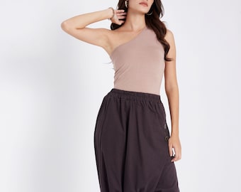 N.° 167 Pantalones harén con botones y tiro caído para mujer, con parte delantera cruzada, unisex, color marrón