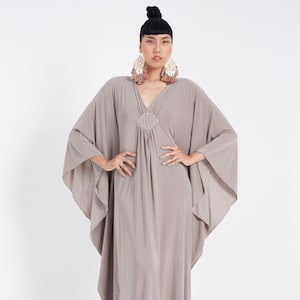 NO.281 Women’s V Neck Kaftan Dress, Long Length Caftan, Plus Size Kaftan Dress, Beach Wear, Caftan Gown in Gray