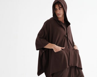 NO.163 Men's Button Front Hooded Poncho, Comfy Versatile Cape in Brown