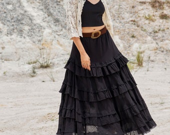 NO.303 Women's Tiered Ruffle Detail Long Skirt, Boho A-line