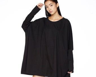NO.62 Women's Scoop Neck Long Sleeve Tunic Top, Boxy Tunic, Loose Fit Tshirt in Black