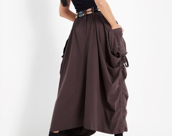 NO.123 Women's Large Patch Pocket Maxi Skirt, Long Maxi Skirt With Pockets, Comfy Casual Convertible Skirt in Brown