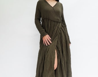 NO.251 Long Sleeve Wrap Dress, Casual Summer Dress, Natural Fiber Flexible Cotton Long Cardigan in Olive