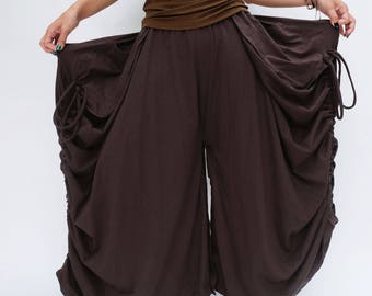 NO.175 Women's Large Patch Pocket Skirt/Pants, Button Detail Long Maxi Skirt, Comfy Casual Convertible Skirt in Brown