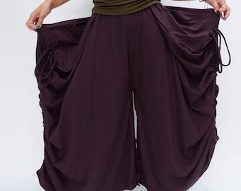 NO.175 Women's Large Patch Pocket Skirt/Pants, Button Detail Long Maxi Skirt, Comfy Casual Convertible Skirt in Plum