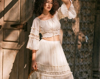 NEW---NO.323 Women's Two Piece Set, Bell Sleeves Crop Top, Tiered Lace Insert Maxi Skirt Set, Boho Blouse with Long Maxi Skirt Set in Cream