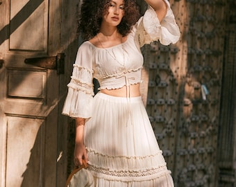 Women's Two Piece Set, Bell Sleeves Crop Top, Tiered Lace  Insert Maxi Skirt, Boho Blouse with Long Maxi Skirt Set in Cream
