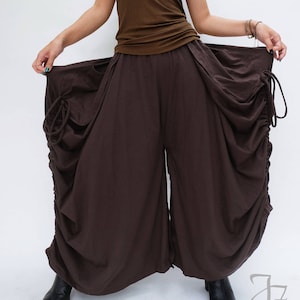 NO.175 Women&#39;s Large Patch Pocket Skirt/Pants, Button Detail Long Maxi Skirt, Comfy Casual Convertible Skirt in Brown