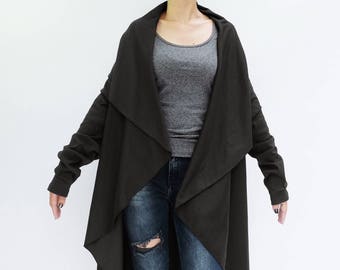 NO.228 damesvest met watervalkraag, lange mouwen, vesttrui in zwart